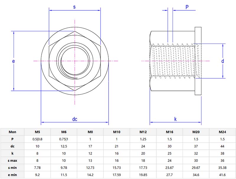 Hexagon nut with collar parameter Hexagon nut with collar parameter