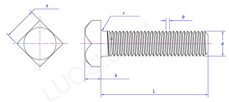 rough finish full thread square head screw